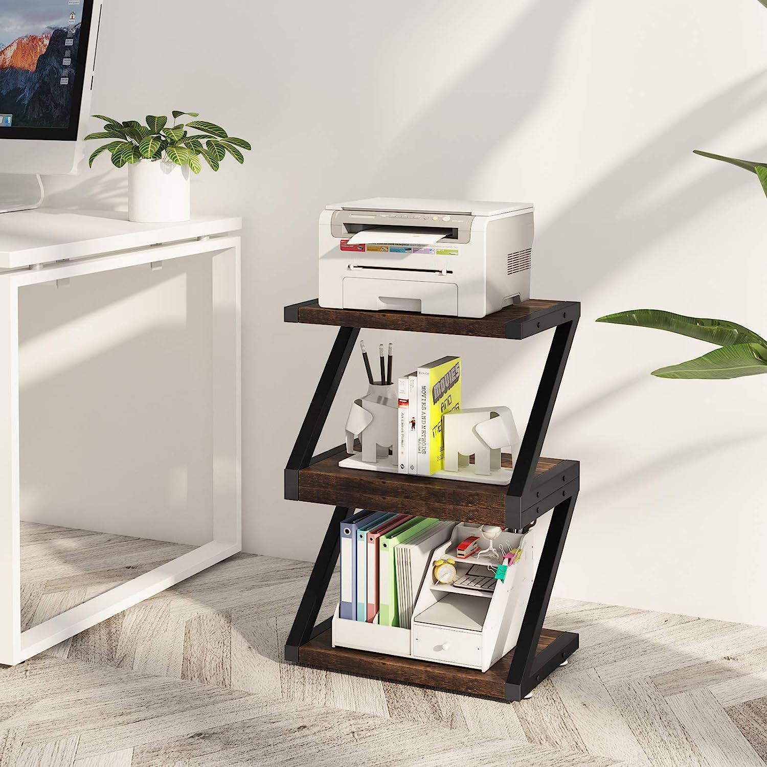 HUANUO Printer Stand, Desktop Stand for Printer, Printer Stand with Storage, Desktop Shelf with Anti-Skid Pads, Printer Table Organizer, Printer Shelf w/ 2 Tier Tray & Hardware & Steel (Light Wood) - Image 5